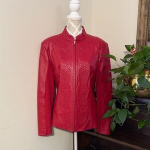 Classic Red Leather Floral Embossed Jacket